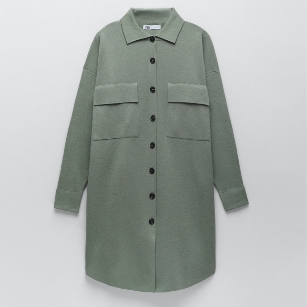 Zara Oversized Long Knit Overshirt Button Down Collared Jacket Sweater Coat
